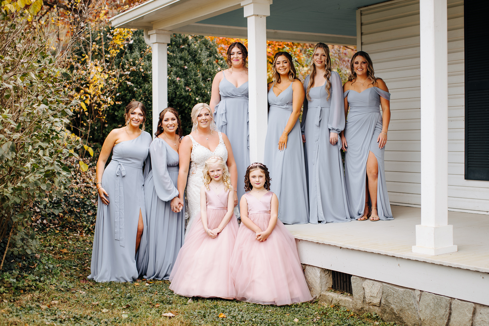 Bride and Bridesmaids on the farmhouse front porch, Sarah Siak Photography